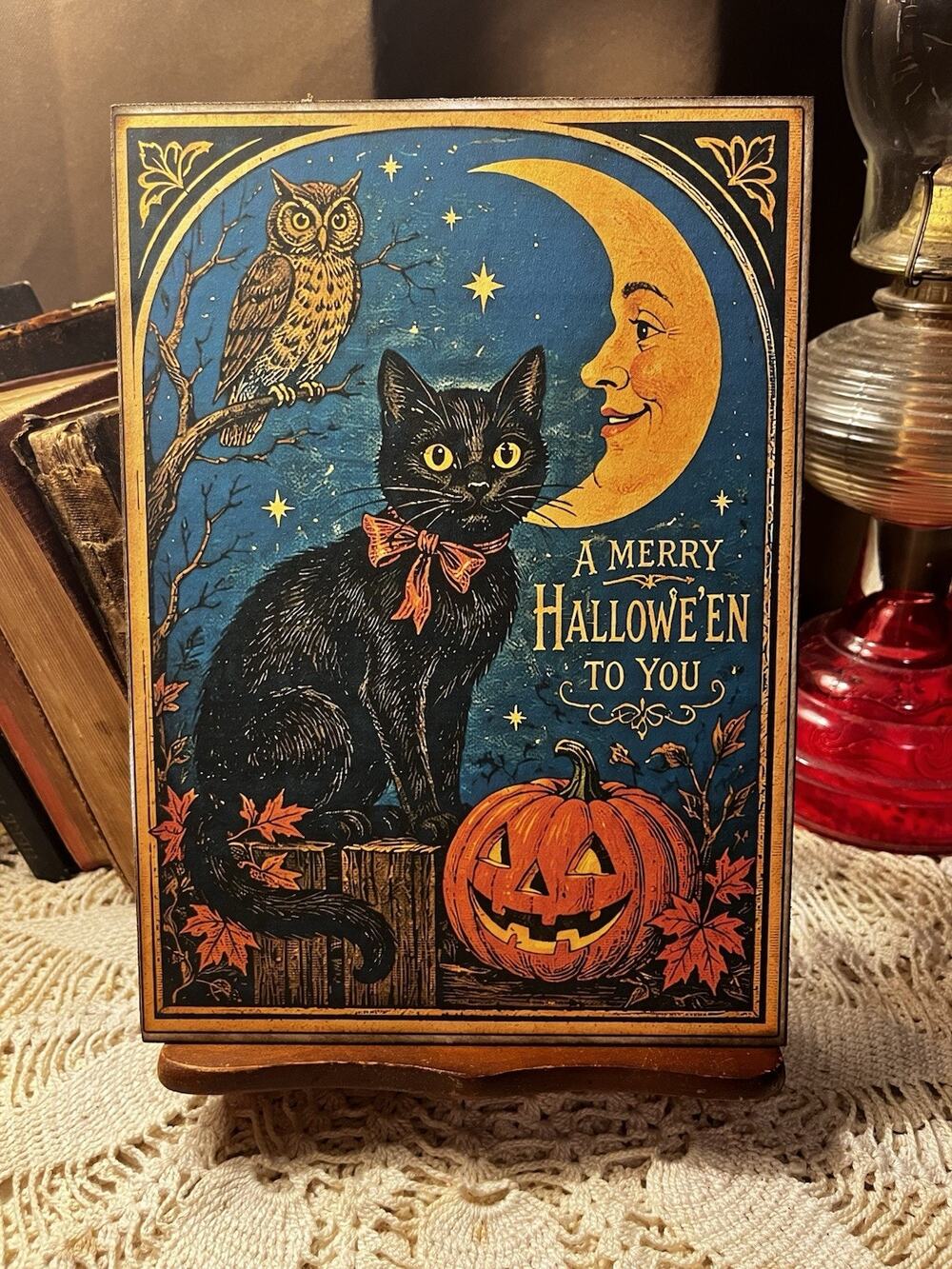 Merry Halloween, Black Cat, Moon, Retro Handcrafted Plaque